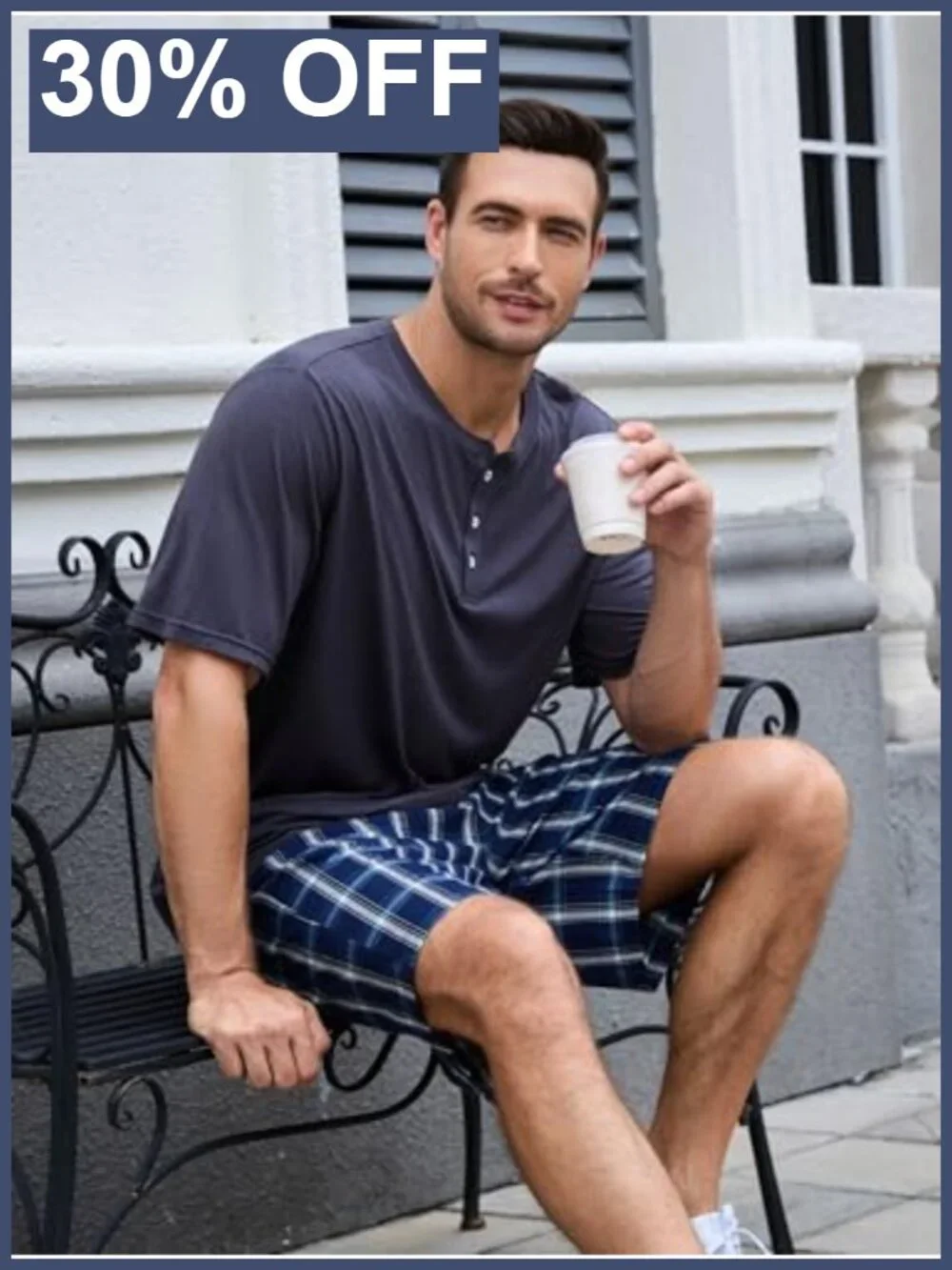 Men's Pajama Set Henley Collar, Breathable Bamboo Viscose & Cotton Short Sleeve